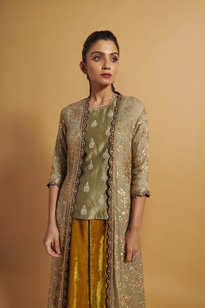Embroidered Jacket With Short Top & Sharara