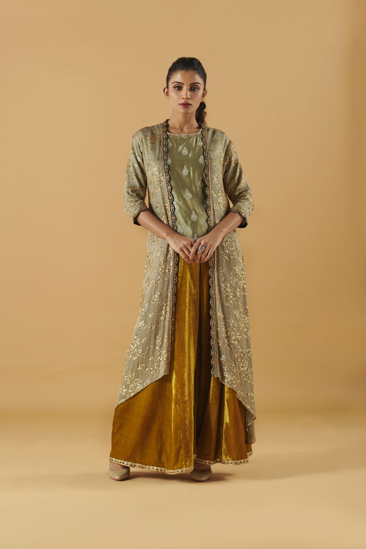 Embroidered Jacket With Short Top & Sharara