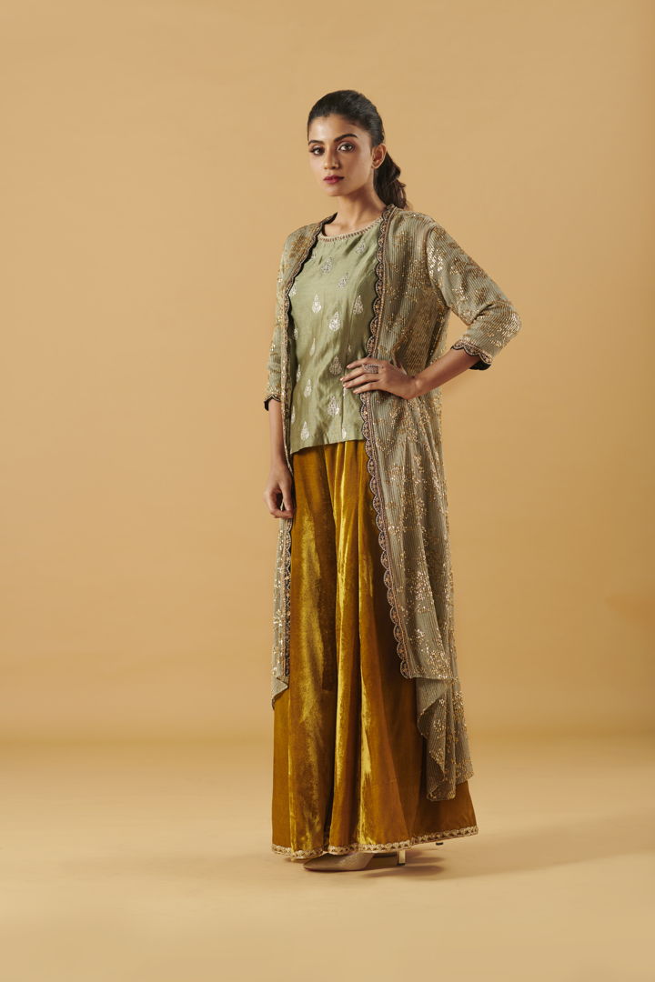 Embroidered Jacket With Short Top & Sharara