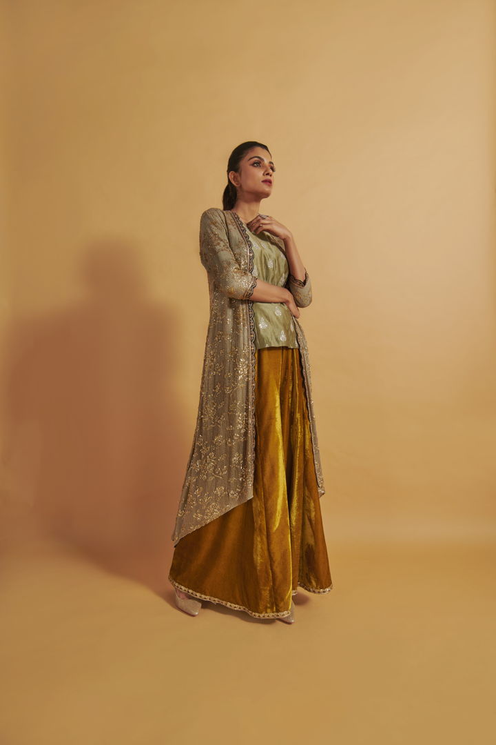 Embroidered Jacket With Short Top & Sharara