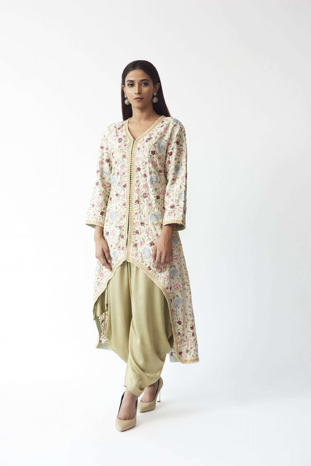 Embroidered High-Low Kurti With Dhoti