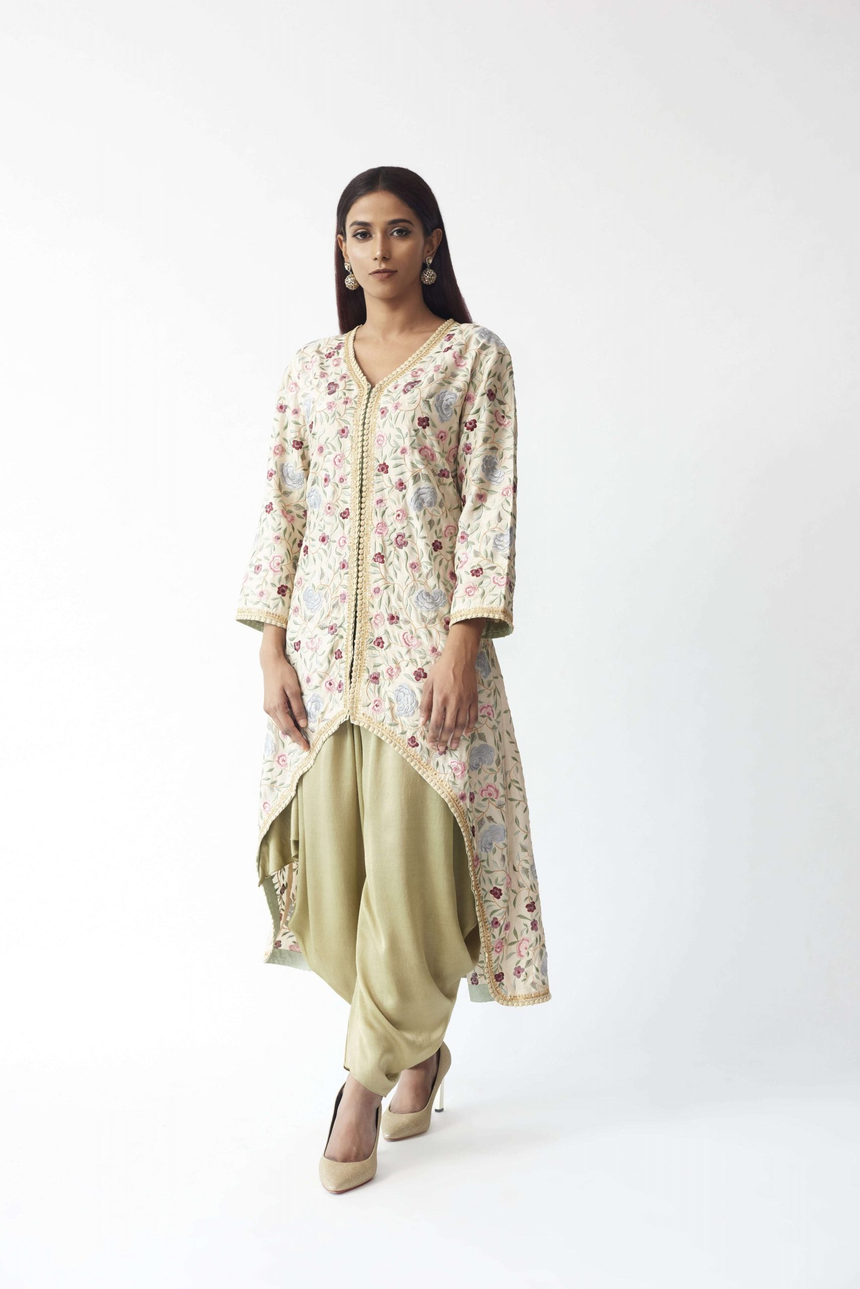 Embroidered High-Low Kurti With Dhoti