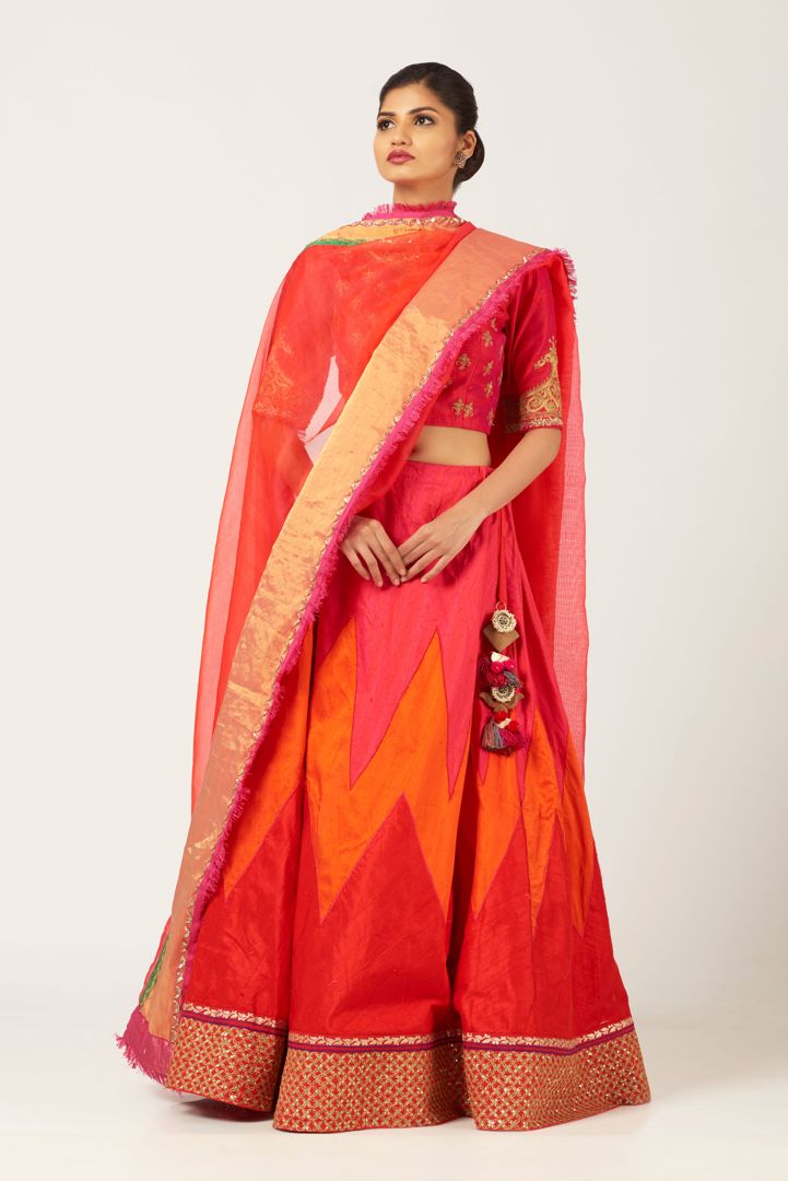 Red Ghaghra With Ornate Blouse & Dupatta