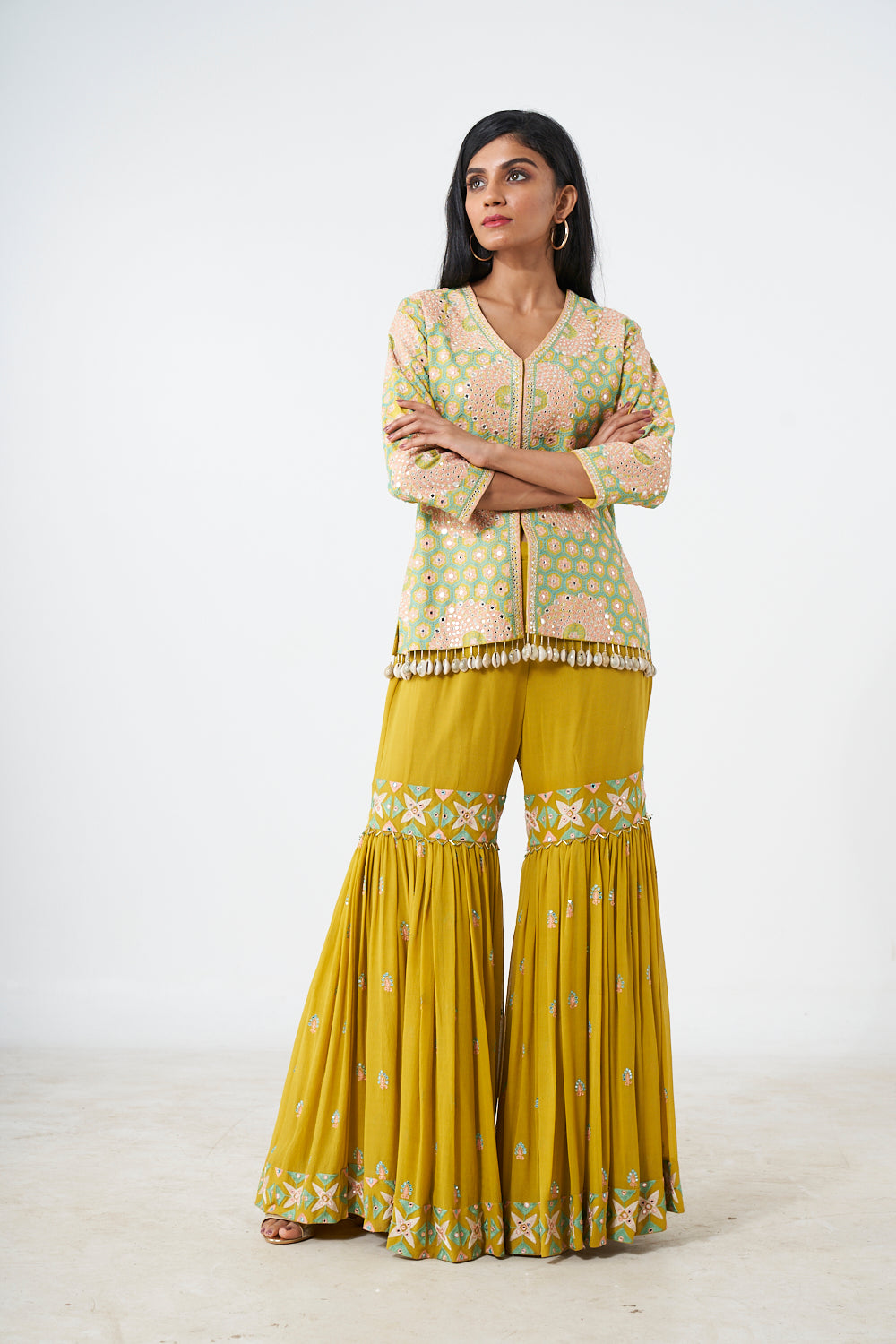Sharara With Tribal Motif Embroidered Kurti With Dupatta