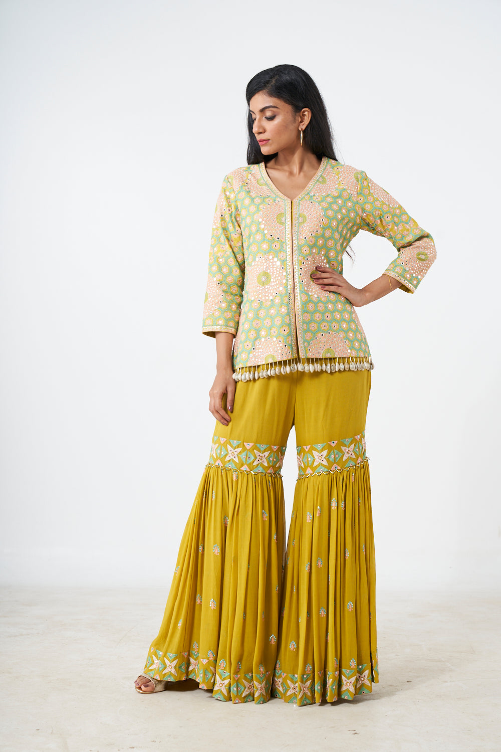 Sharara With Tribal Motif Embroidered Kurti With Dupatta