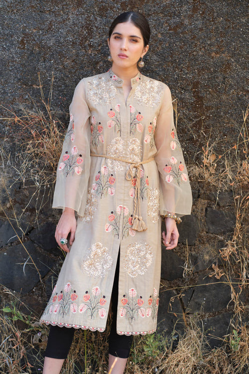Beige Gold Dusted Embroidered Kurti With Pants