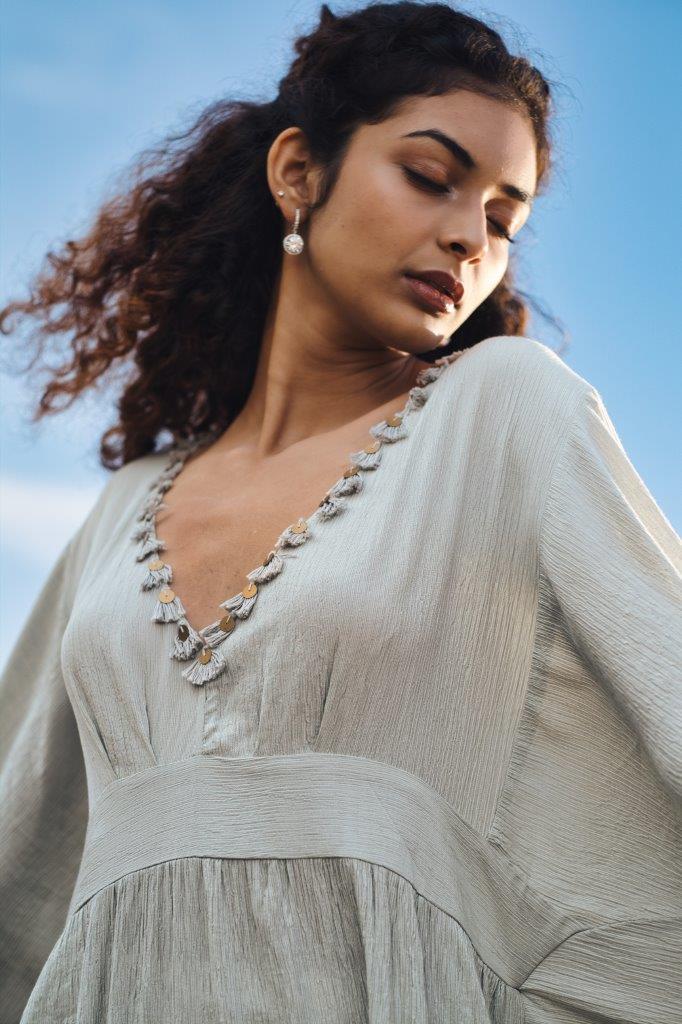 Dull Green crinkled cotton, bat sleeves tunic