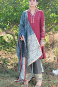 Wine A-line embroidered kurta with embroidered palazzo & printed dupatta