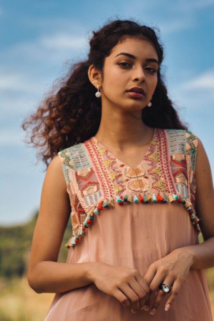 Dull Onion pink sleeveless, beaded yoke tunic with dhoti