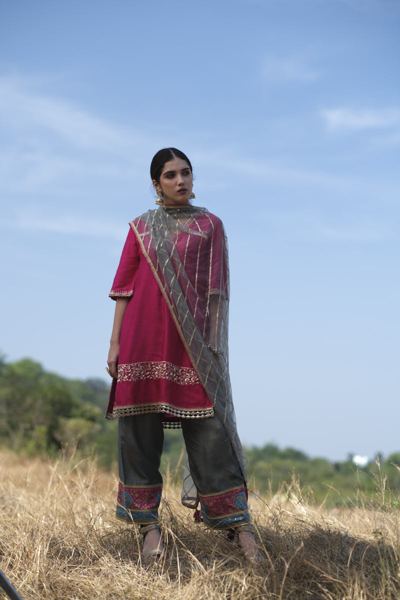 Magenta Embroidered Short Kurti With Embroidered Palazzo & Dupatta