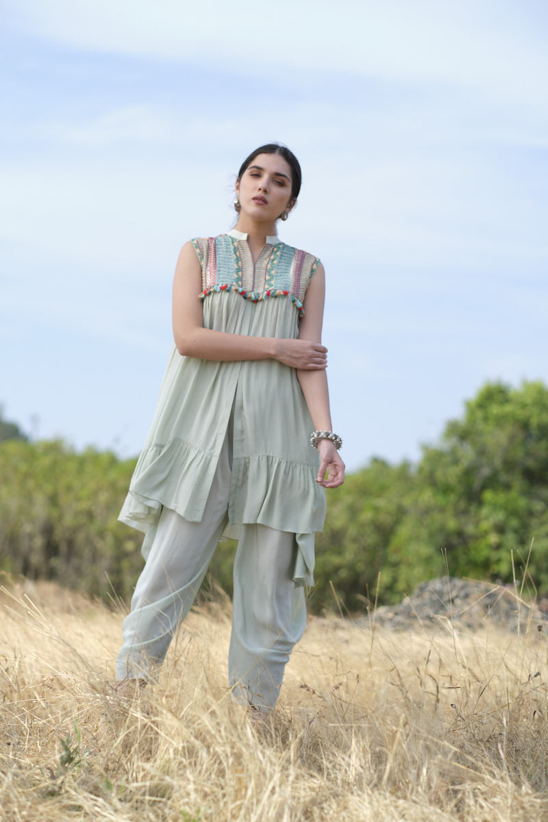 Dull Green short kurti with dhoti