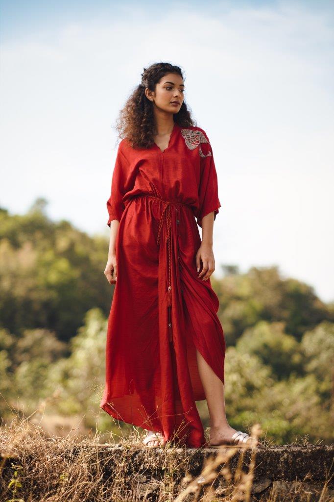 Red pleated dress with fish motif Aditi Somani India