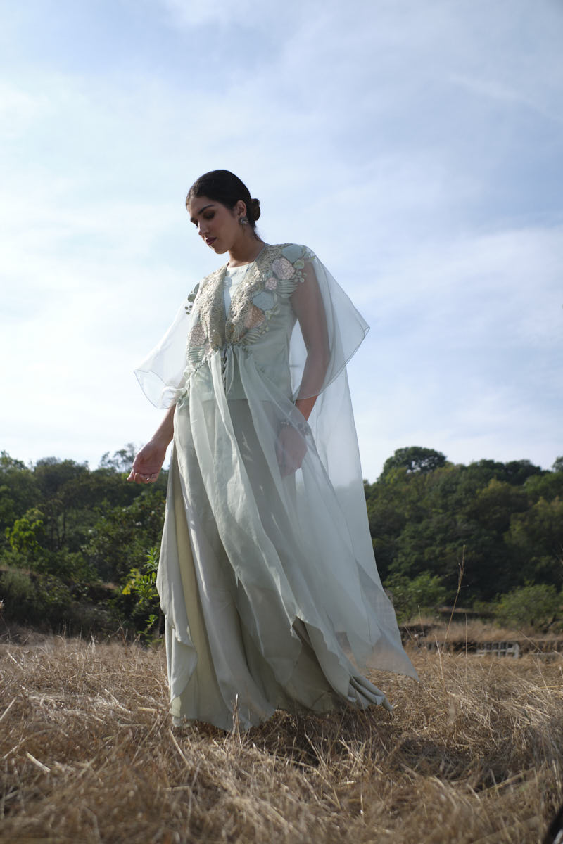 Dull Green Embroidered Cape With Pant & Inner