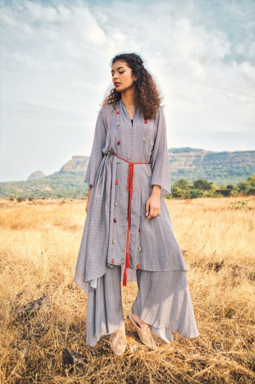 Blue printed cape with flared pant