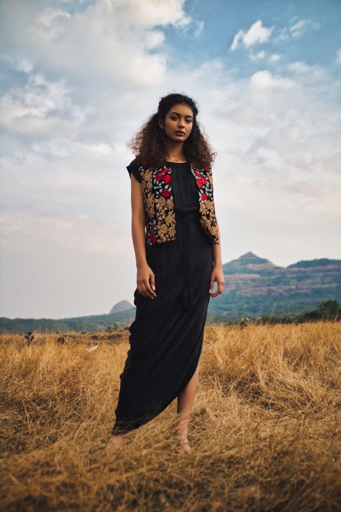 Black silk cowl dress with black embroidered velvet jacket
