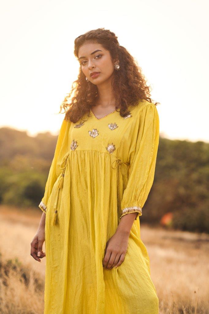 Canaryr yellow silk crinkled tunic Aditi Somani India