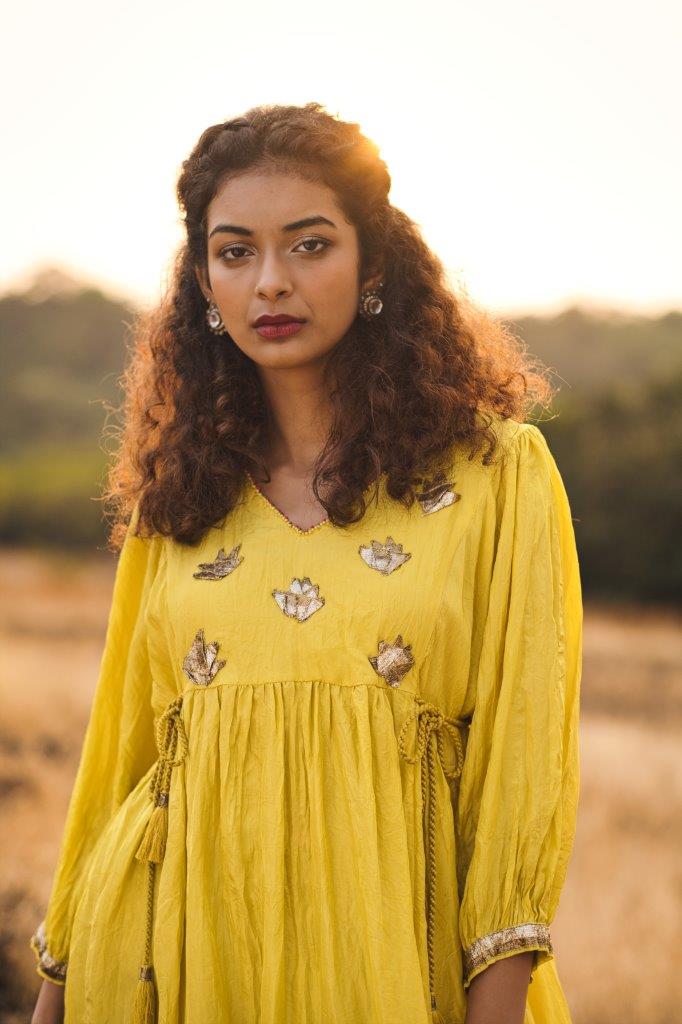 Canaryr yellow silk crinkled tunic Aditi Somani India