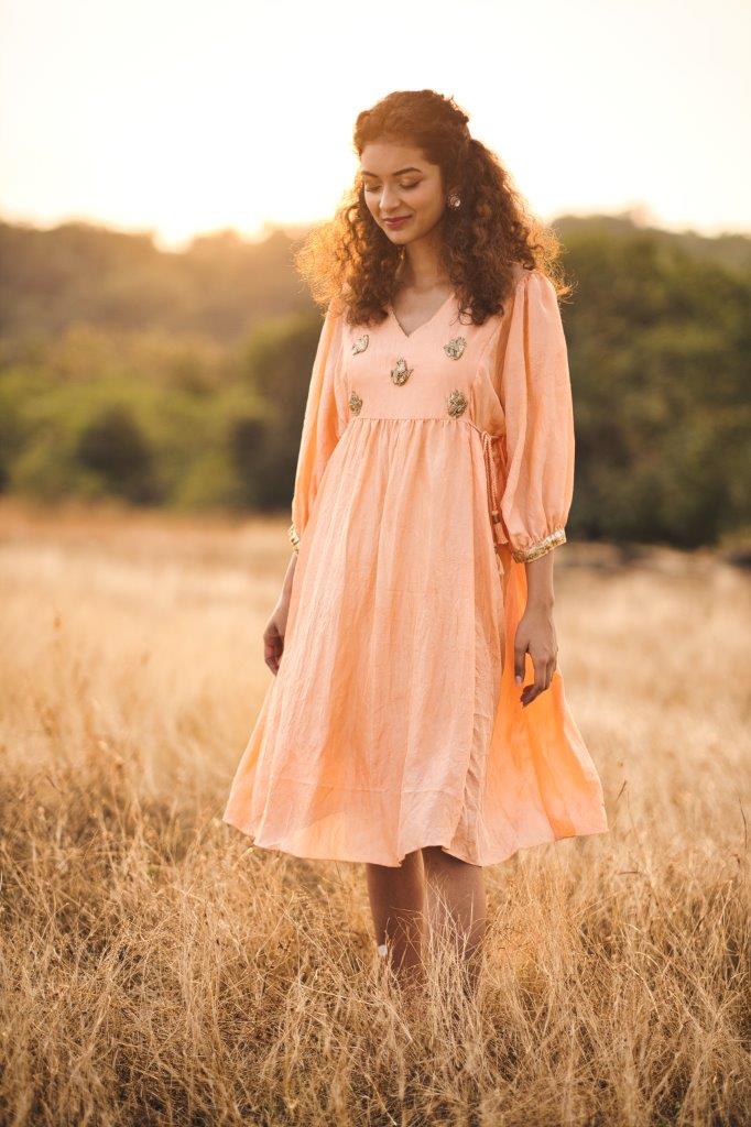 Peach crinkled silk tunic Aditi Somani India