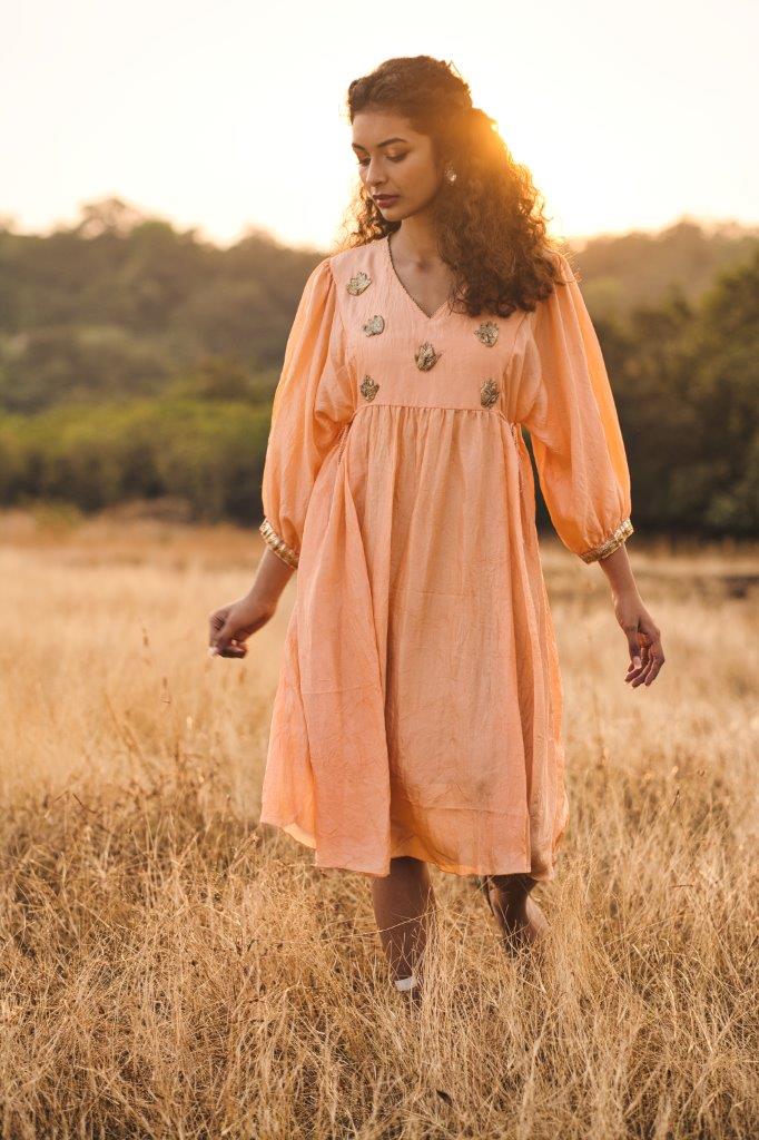 Peach crinkled silk tunic Aditi Somani India