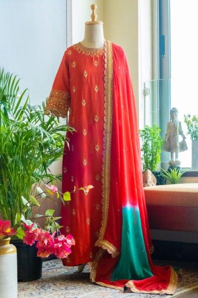 Red Silk Kurta With Pant And Dupatta
