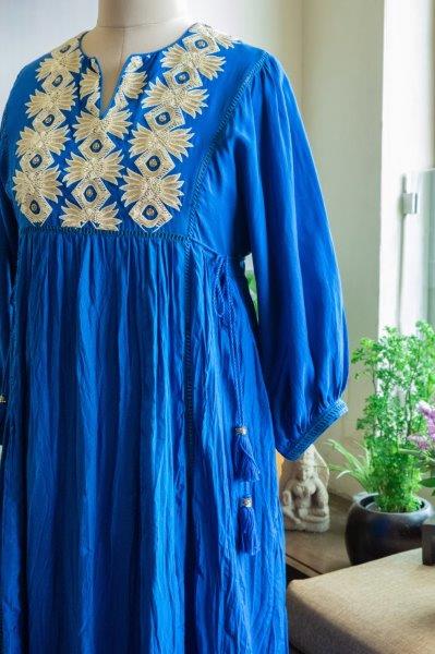 Blue long silk tunic dress