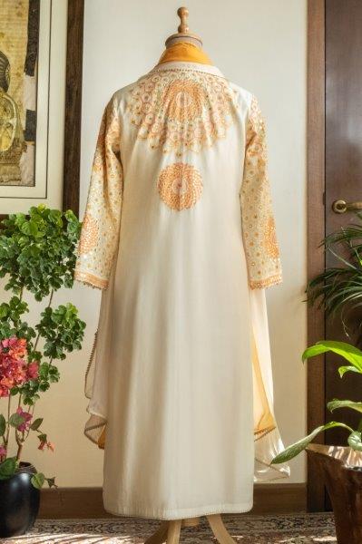 Off-White Embroidered Straight Kurta With Lycra Churidar & Shaded Dupatta