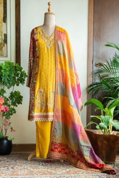 Mustard Yellow Short Kurta With pant And Multicoloured Dupatta