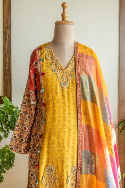 Mustard Yellow Short Kurta With pant And Multicoloured Dupatta