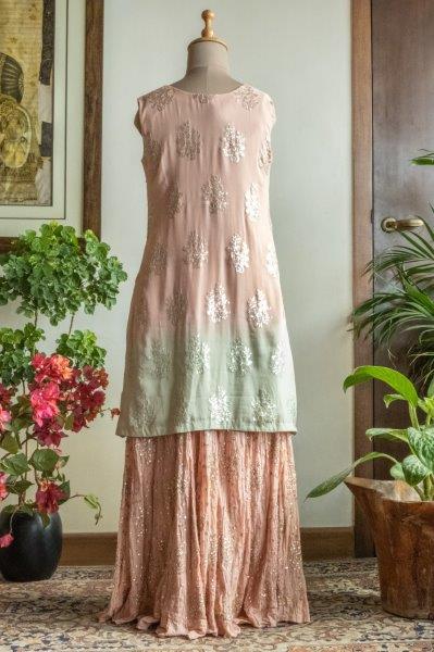 Beige Embroidered Sharara With Kurti And Cape