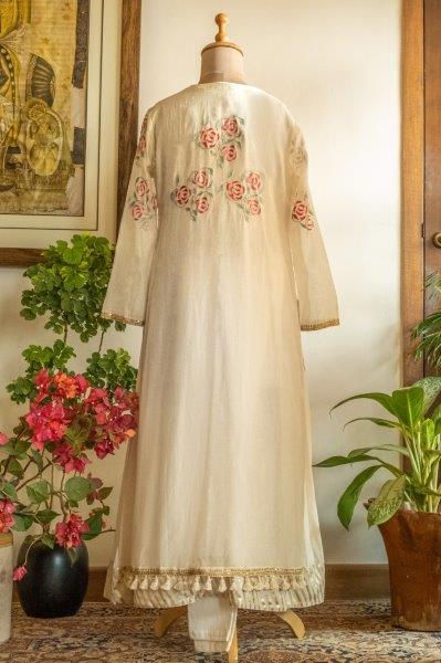 Double Layered Off-white Kurta With Churidar & Dupatta