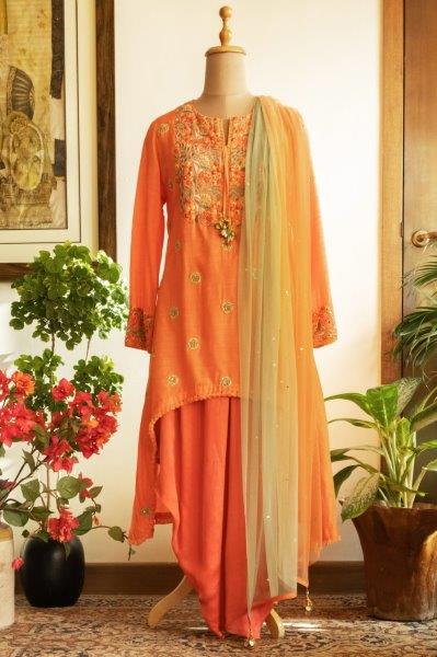 Coral High-Low Kurti With Dhoti And Dupatta