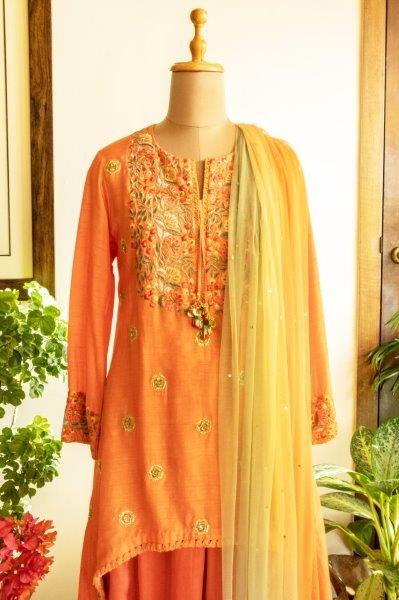 Coral High-Low Kurti With Dhoti And Dupatta
