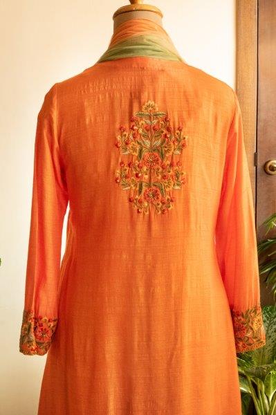 Coral High-Low Kurti With Dhoti And Dupatta