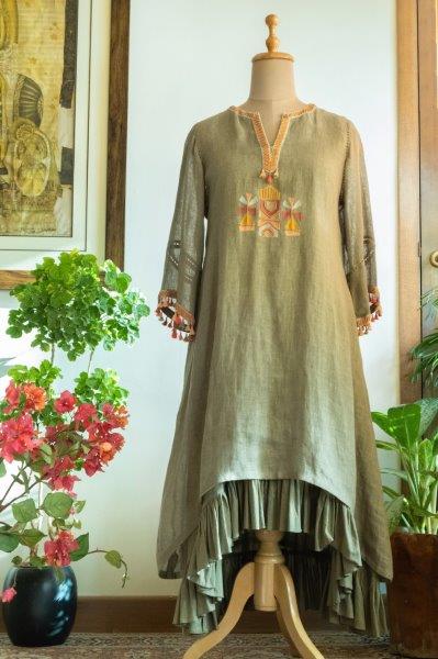 Double Layered Olive Linen Tunic Dress