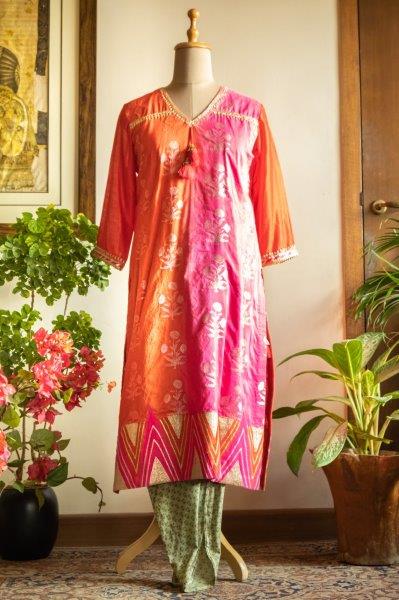 Pink-Red Kurta With Printed Dhoti