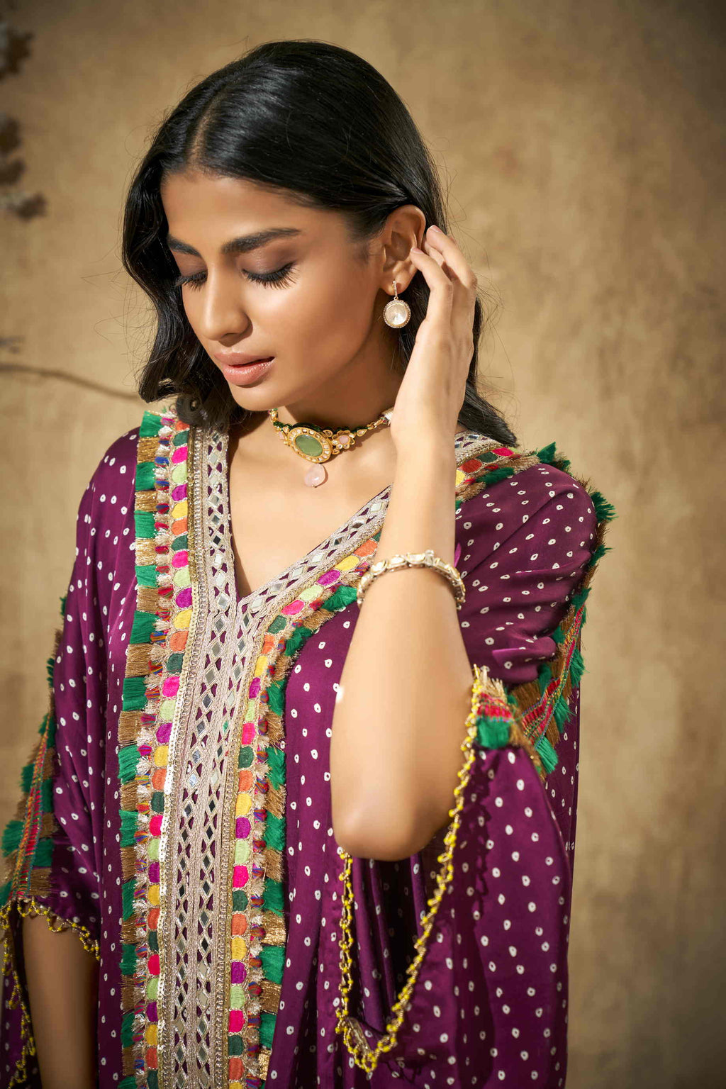 Wine Bandhani Kaftan