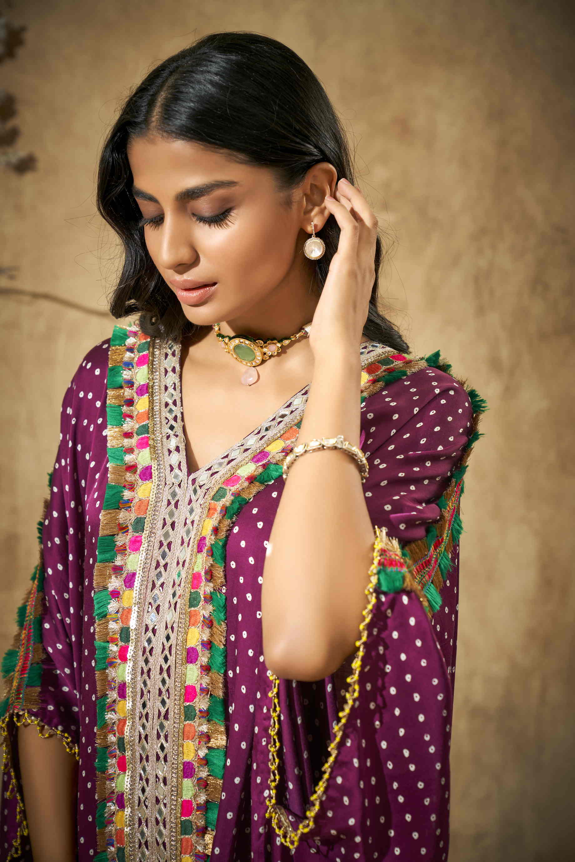 Wine Bandhani Kaftan