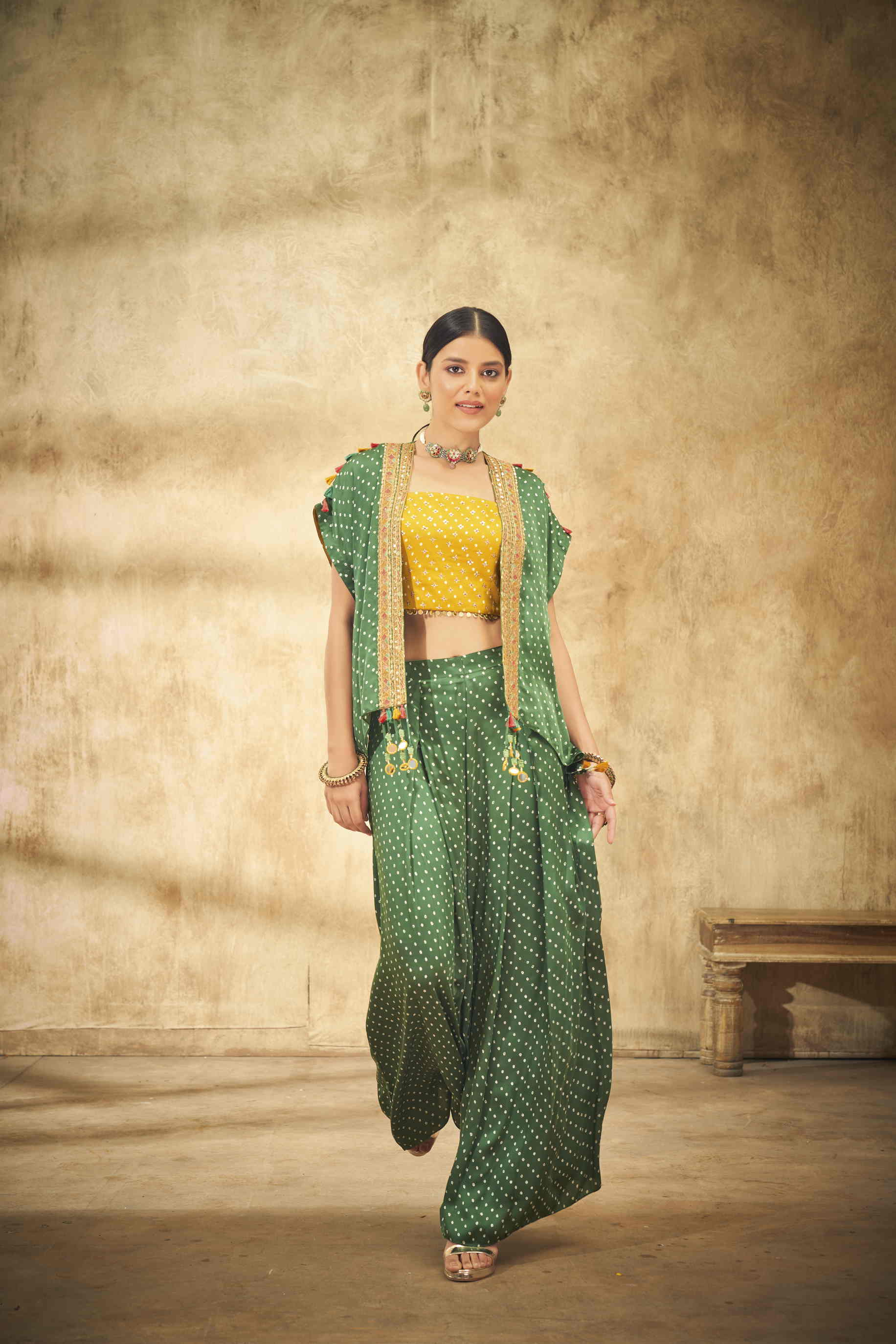 Olive Green Bandhani Cape
