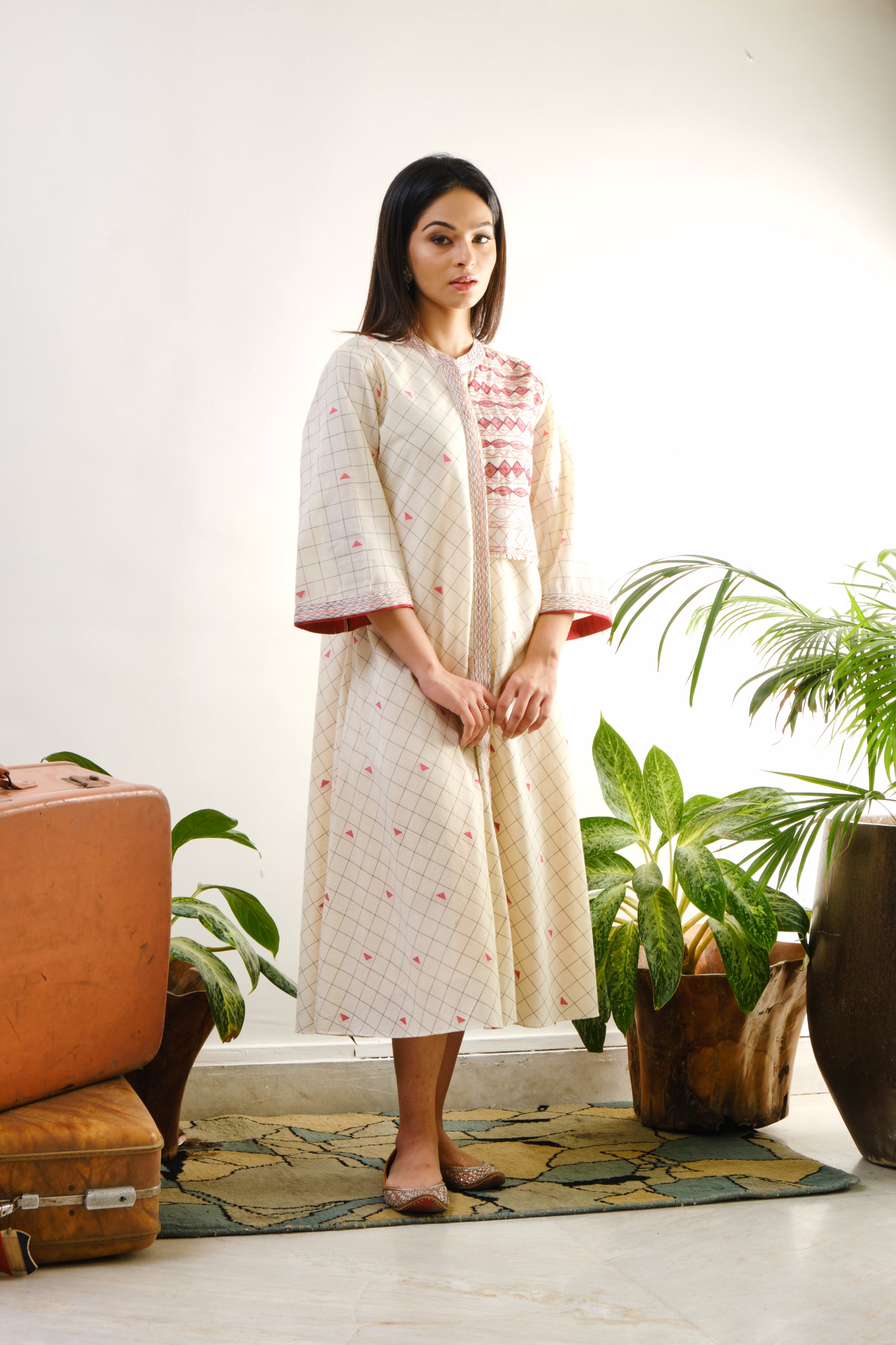 Off-white checked tunic with one side embroidered yoke