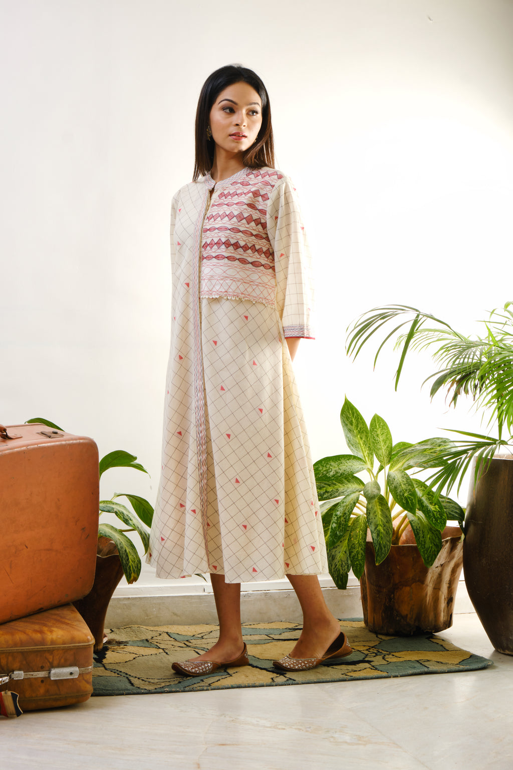 Off-white checked tunic with one side embroidered yoke