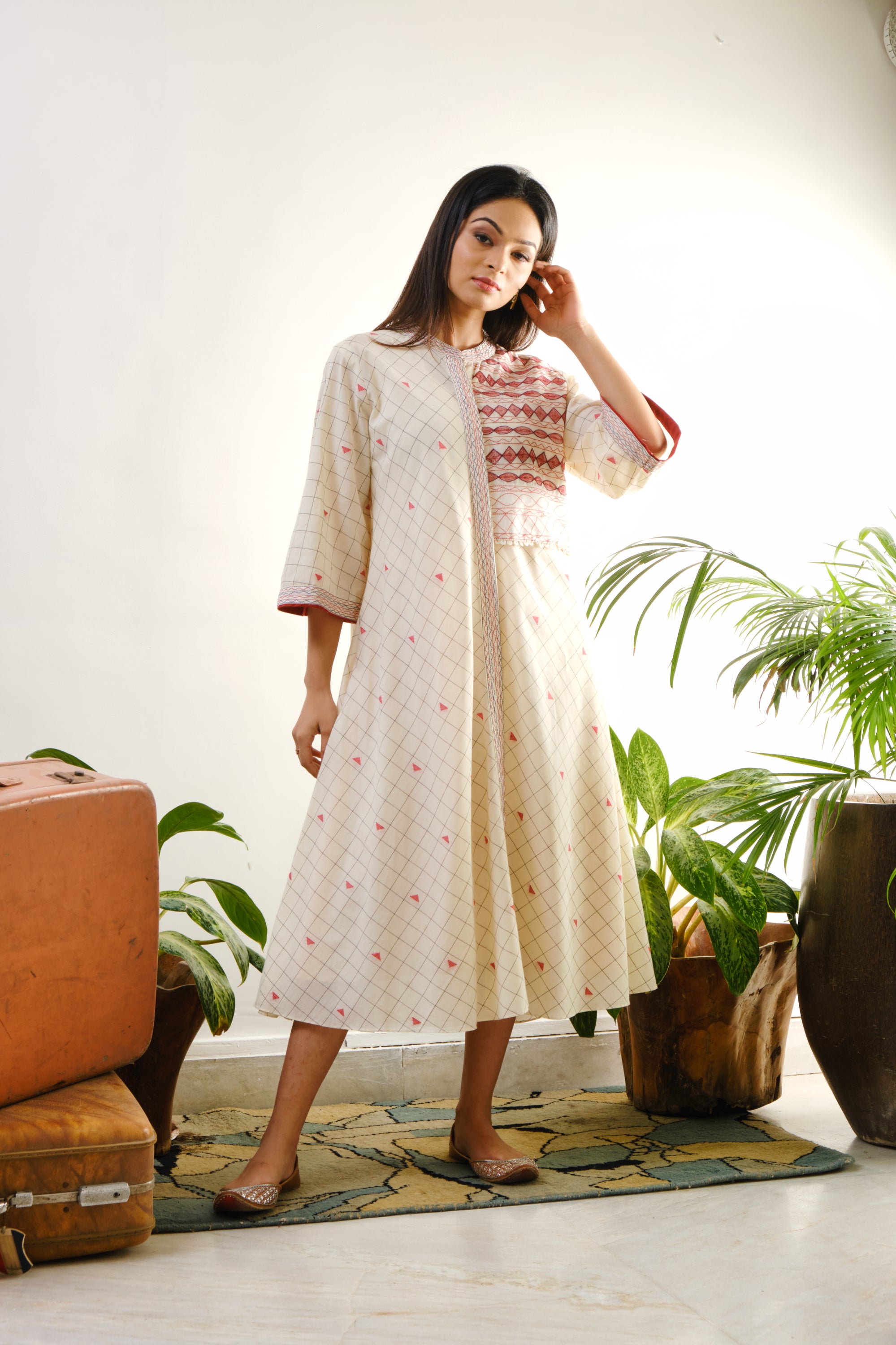 Off-white checked tunic with one side embroidered yoke