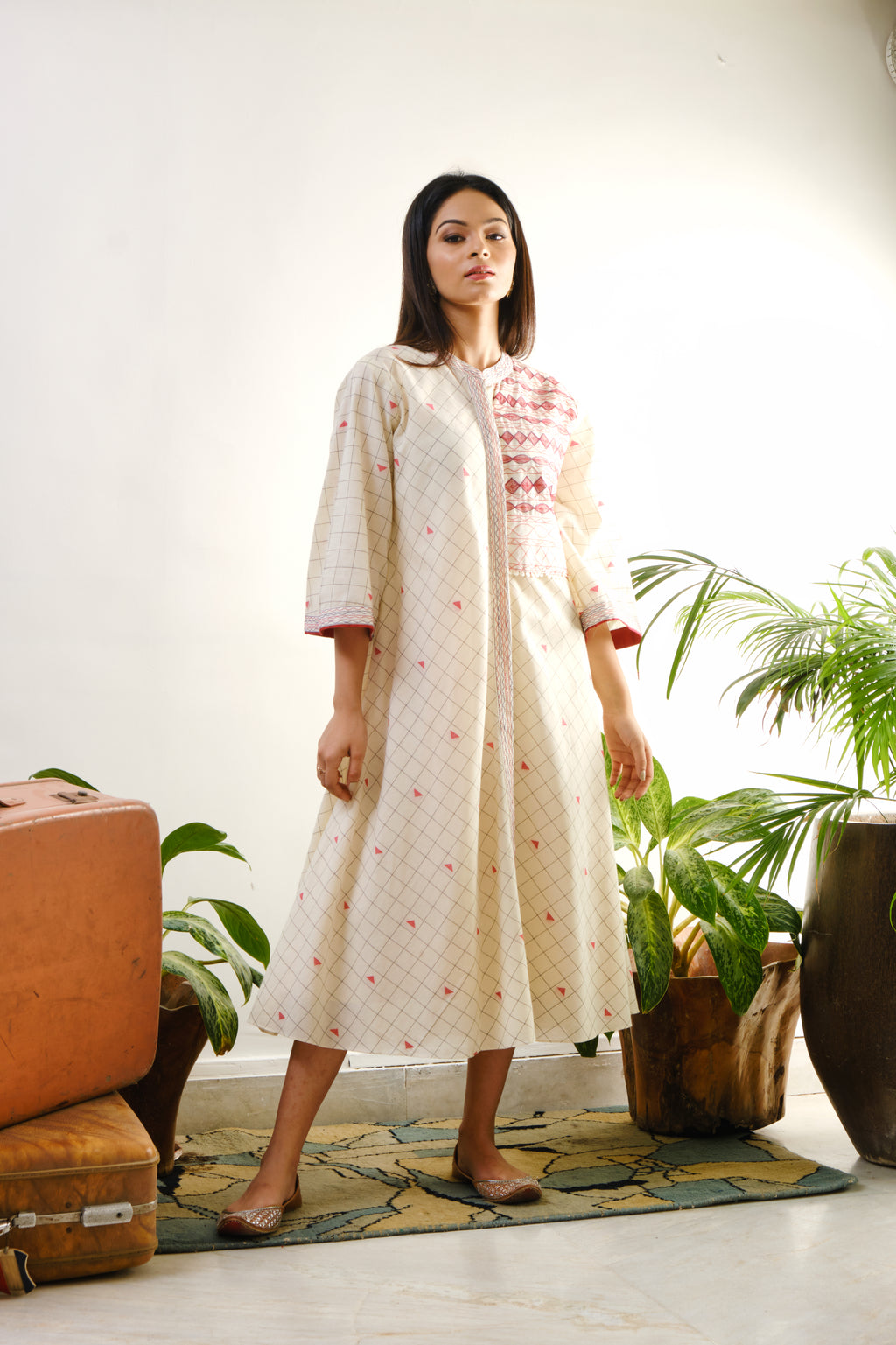 Off-white checked tunic with one side embroidered yoke