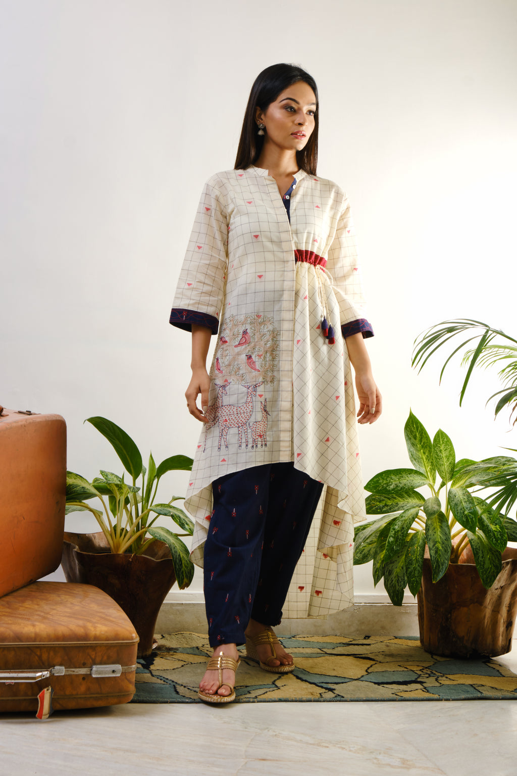 Off-white checked embroidered Tunic with one side tie-up