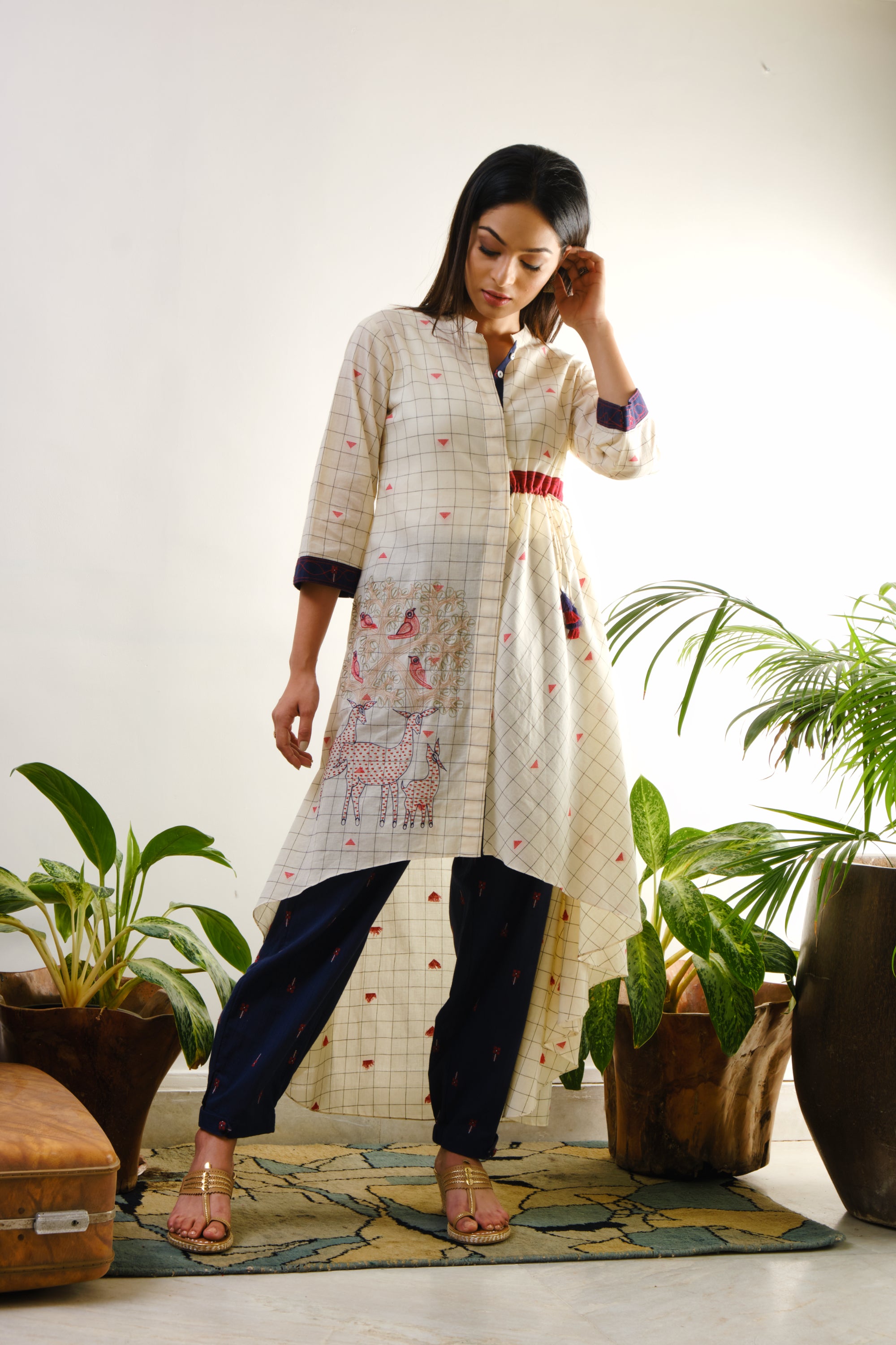 Off-white checked embroidered Tunic with one side tie-up