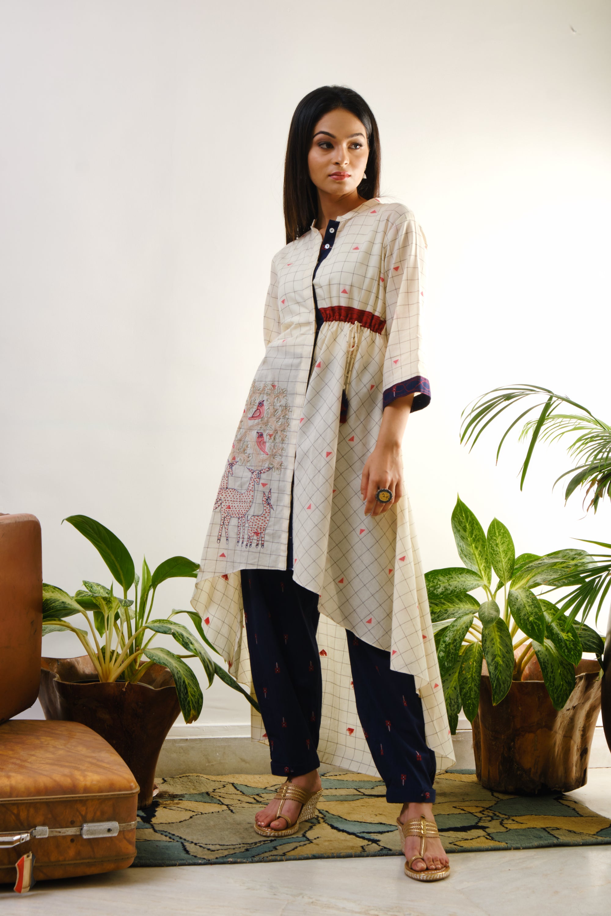 Off-white checked embroidered Tunic with one side tie-up