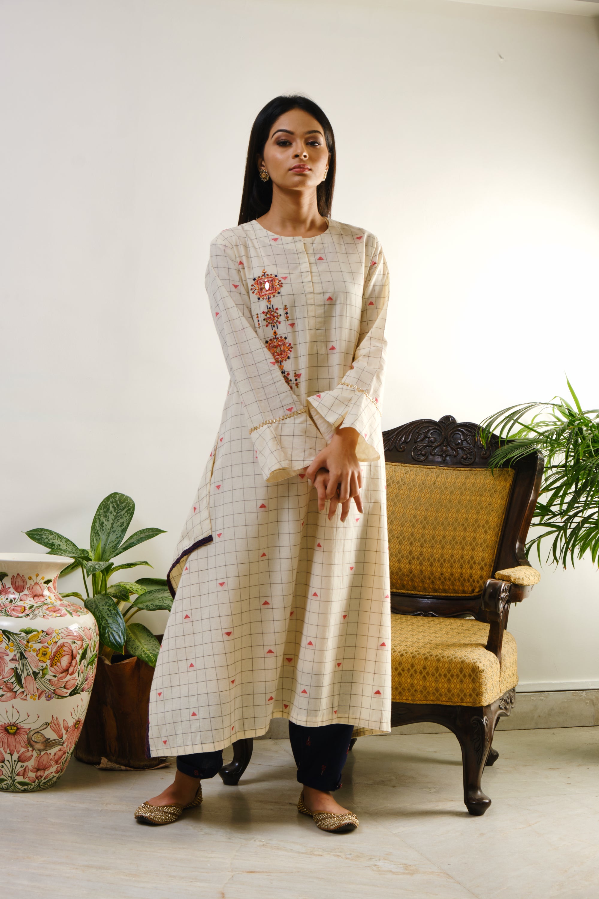 Off-white checked tunic with mirror-thread geometric embroidery on one side