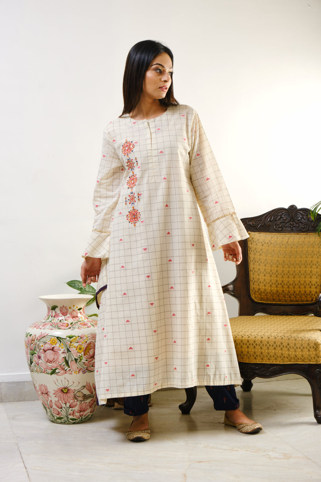 Off-white checked tunic with mirror-thread geometric embroidery on one side