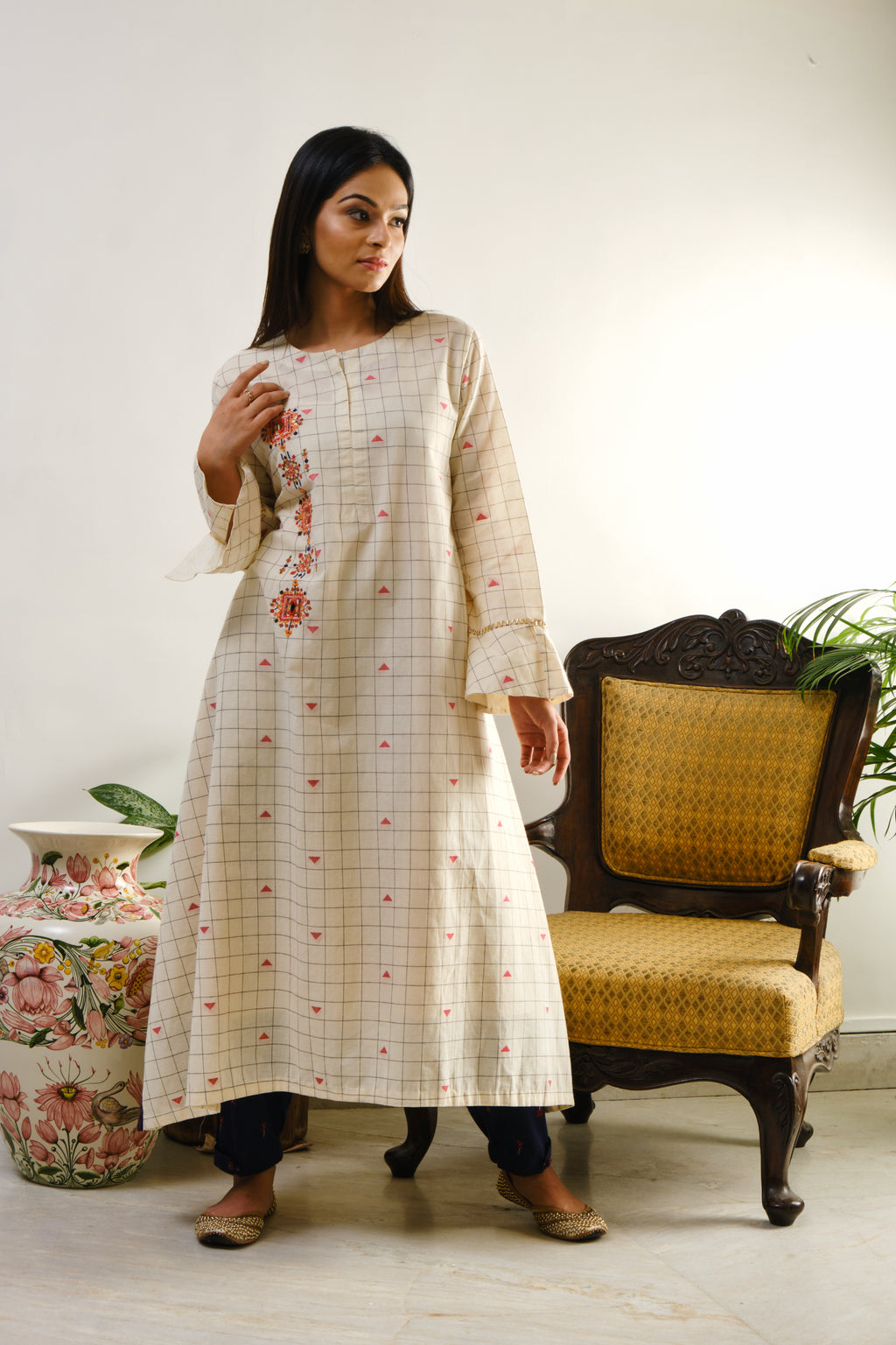Off-white checked tunic with mirror-thread geometric embroidery on one side