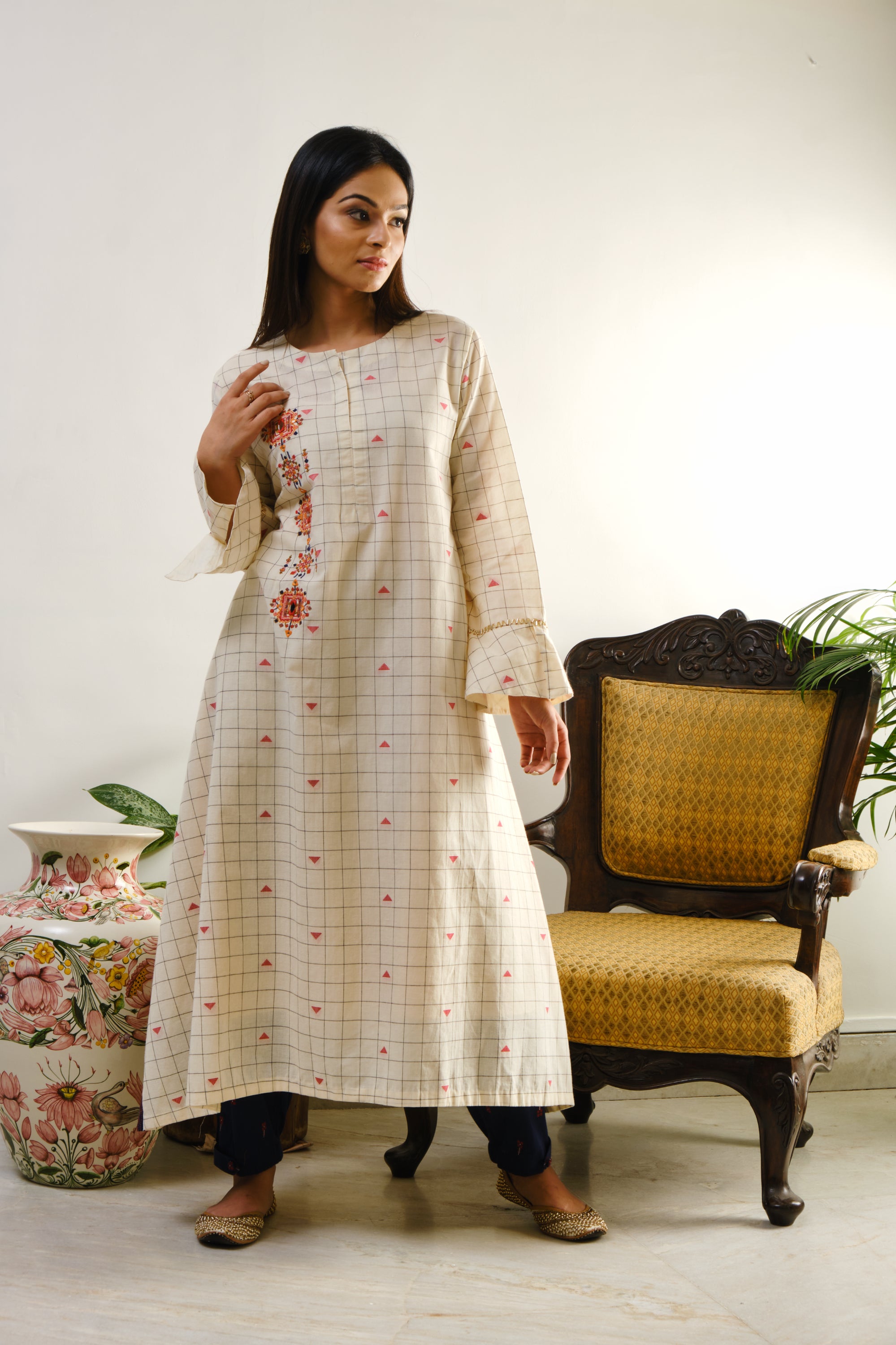 Off-white checked tunic with mirror-thread geometric embroidery on one side
