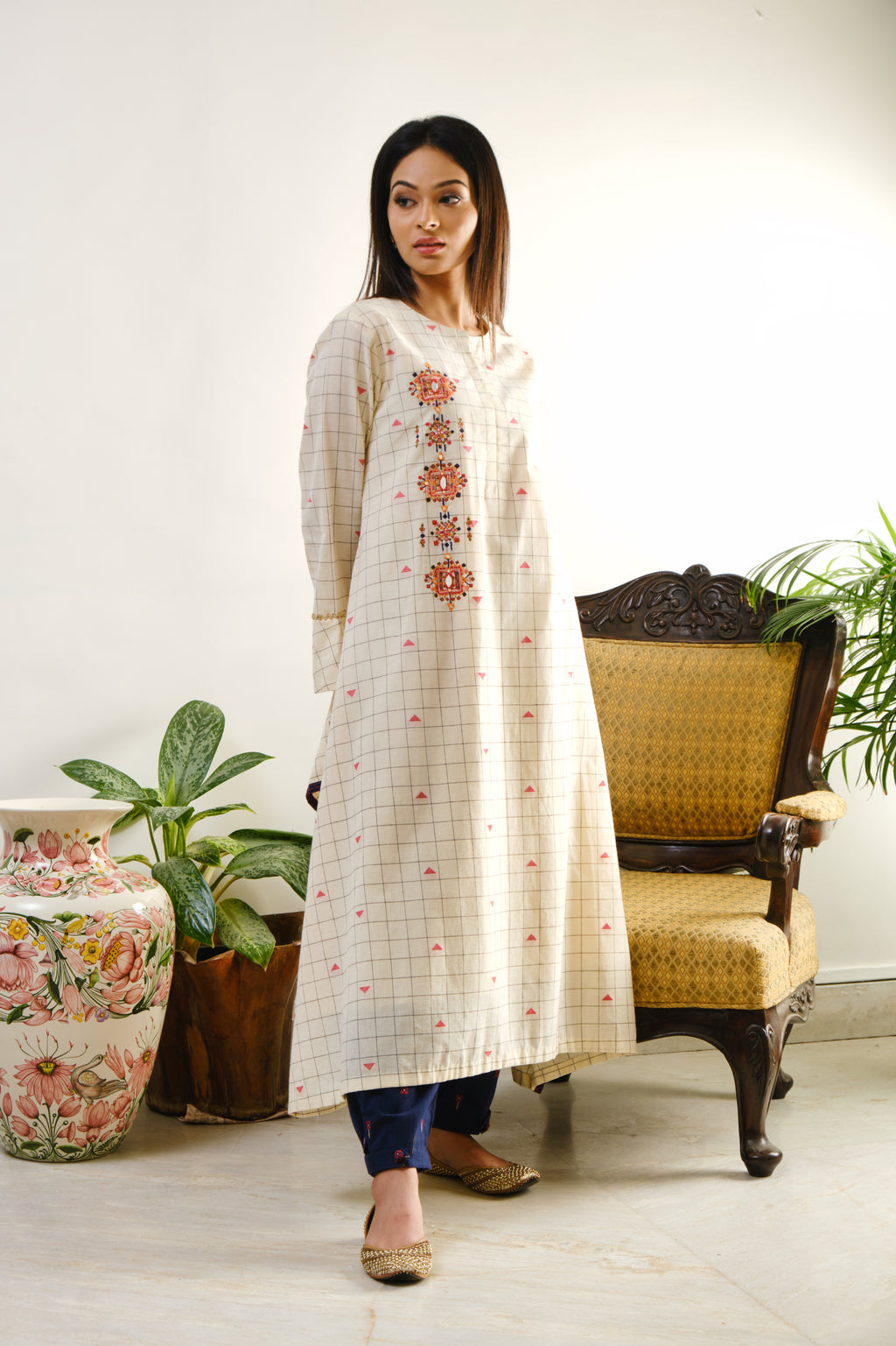 Off-white checked tunic with mirror-thread geometric embroidery on one side
